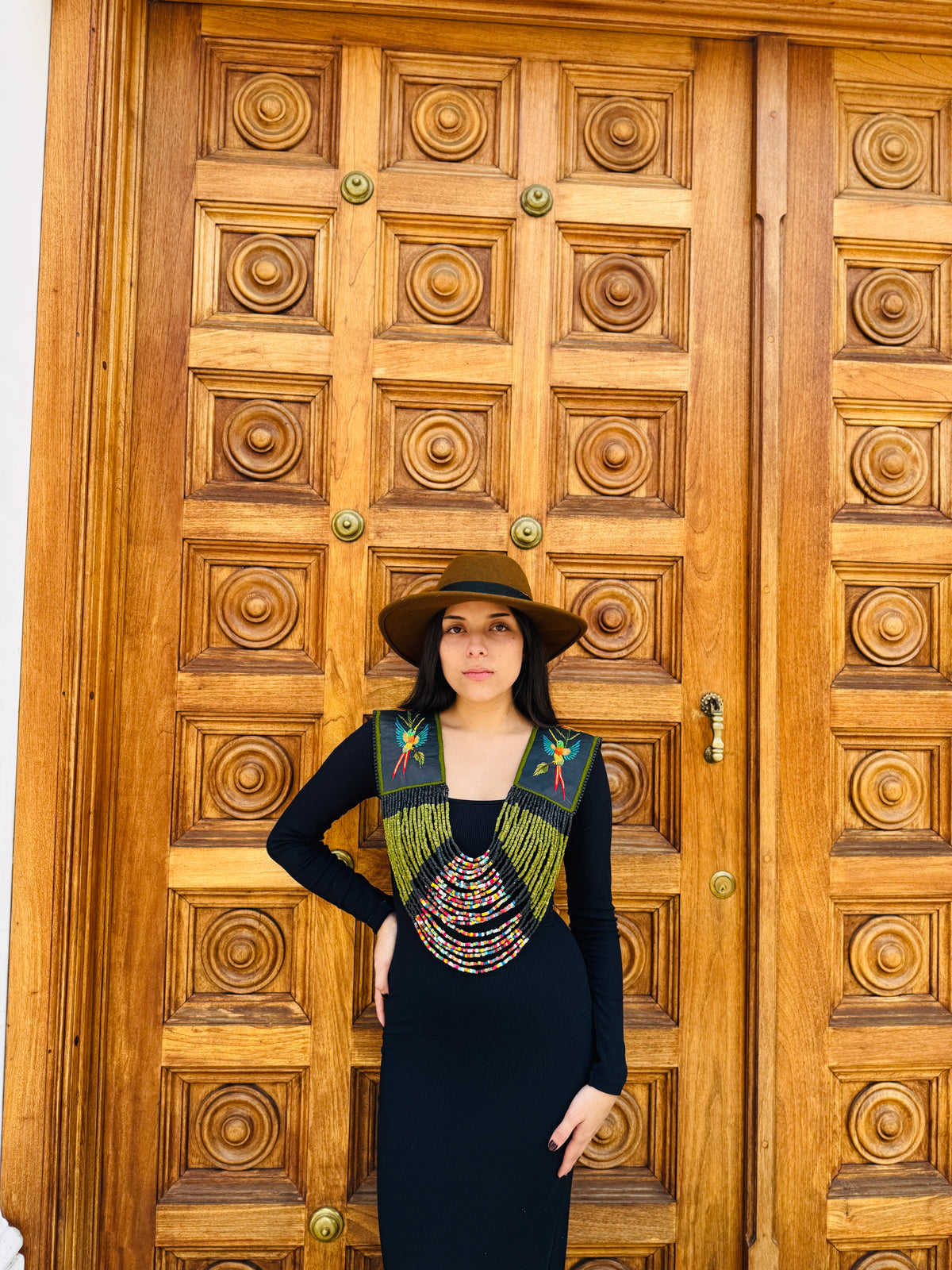 Ceremonial Shoulder Piece with Embroidered Birds and Flowers - Olive Birds