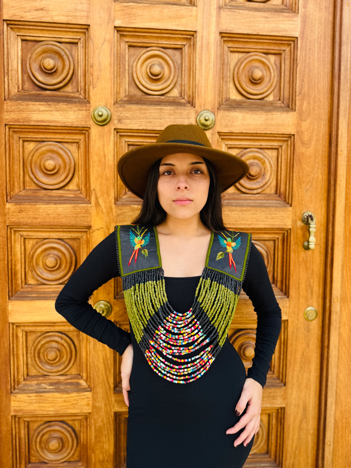 Ceremonial Shoulder Piece with Embroidered Birds and Flowers - Olive Birds