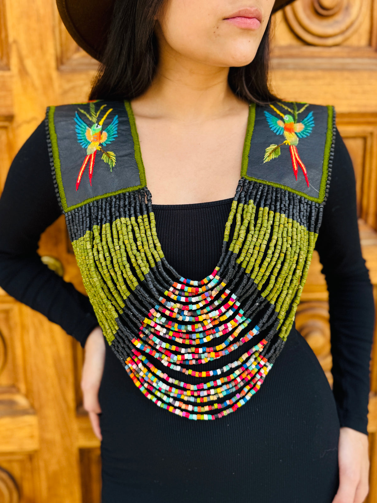 Ceremonial Shoulder Piece with Embroidered Birds and Flowers - Olive Birds