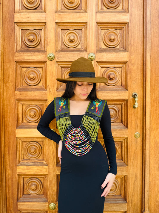 Ceremonial Shoulder Piece with Embroidered Birds and Flowers - Olive Birds