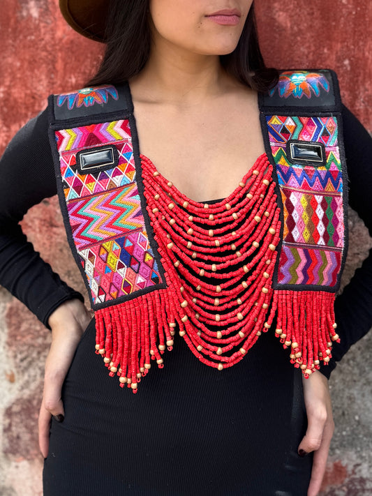 Ceremonial Shoulder Piece with Black Jade and Embroidered Birds - Red Cosmology