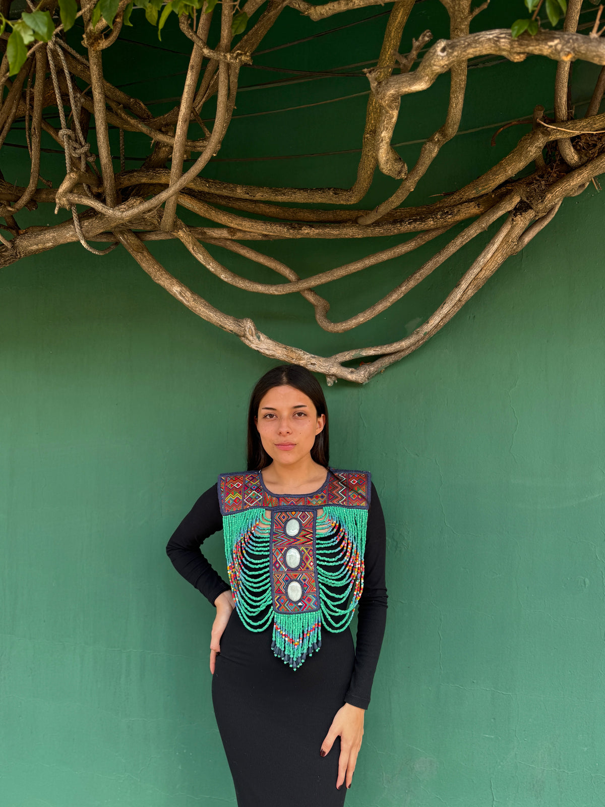 Beaded Tabard Poncho with Traditional Textile & Lilac Jade - Via Turquesa