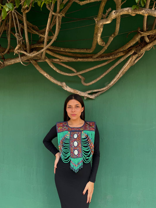 Beaded Tabard Poncho with Traditional Textile & Lilac Jade - Via Turquesa