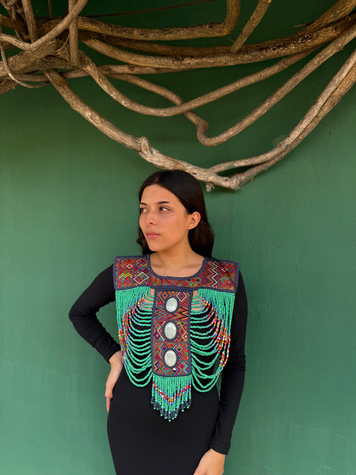 Beaded Tabard Poncho with Traditional Textile & Lilac Jade - Via Turquesa