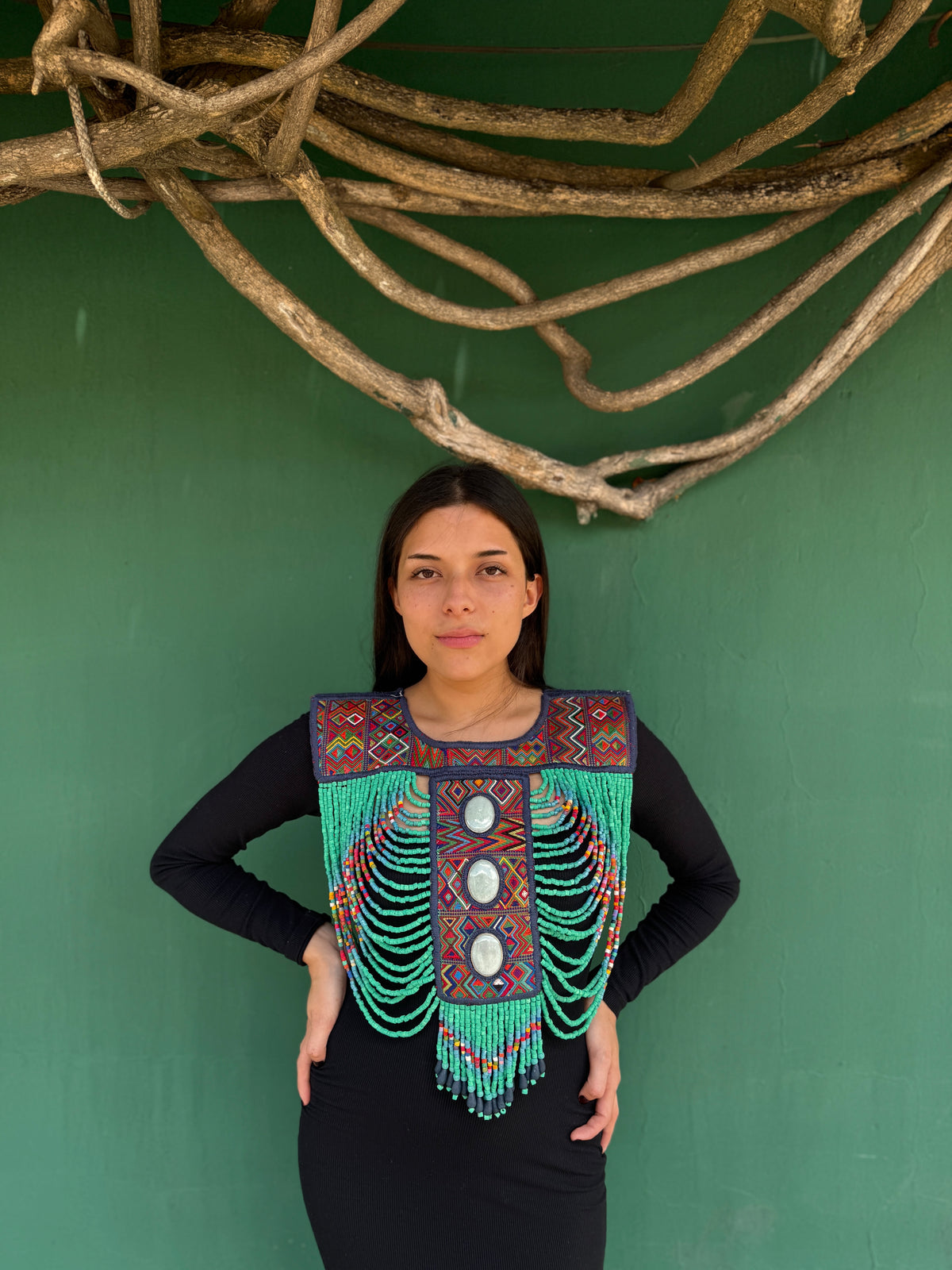 Beaded Tabard Poncho with Traditional Textile & Lilac Jade - Via Turquesa