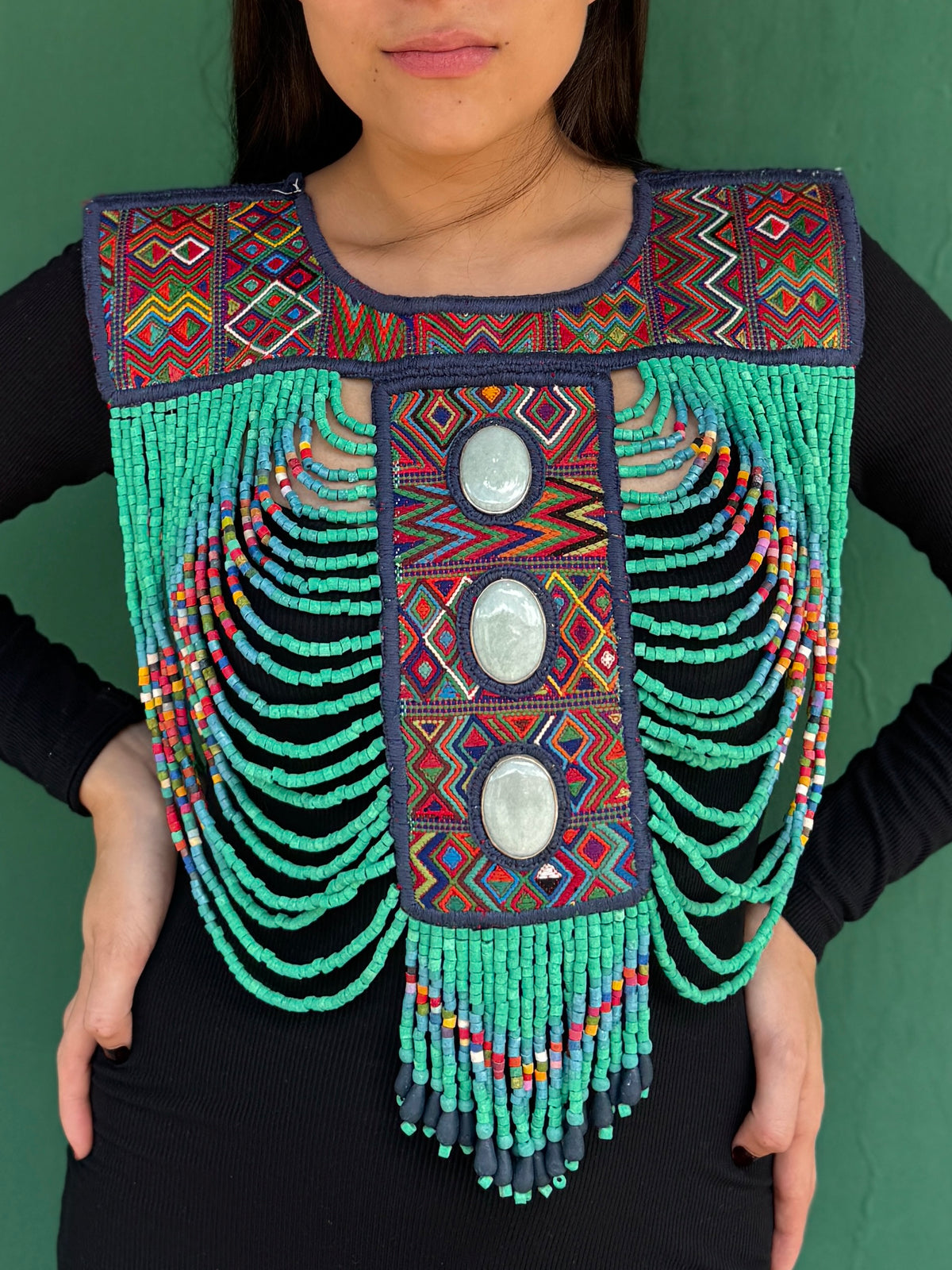 Beaded Tabard Poncho with Traditional Textile & Lilac Jade - Via Turquesa
