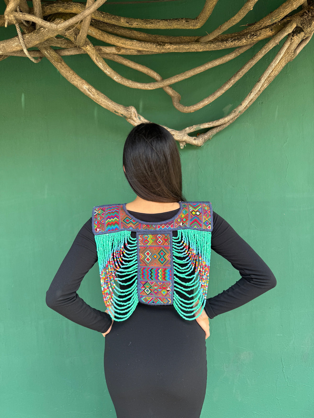 Beaded Tabard Poncho with Traditional Textile & Lilac Jade - Via Turquesa