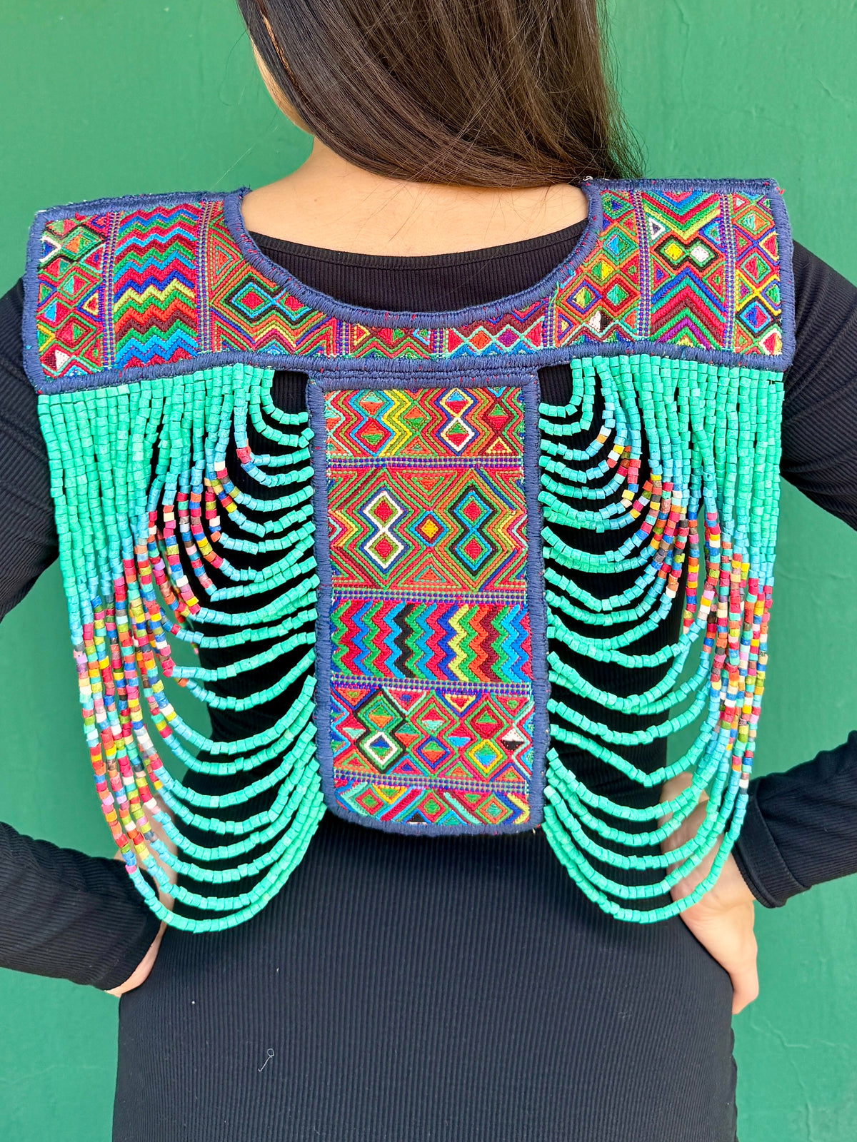 Beaded Tabard Poncho with Traditional Textile & Lilac Jade - Via Turquesa