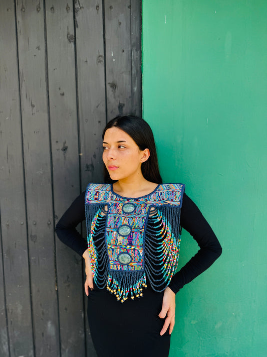 Beaded Tabard Poncho with Traditional Textile & Jade - Noche de Colores