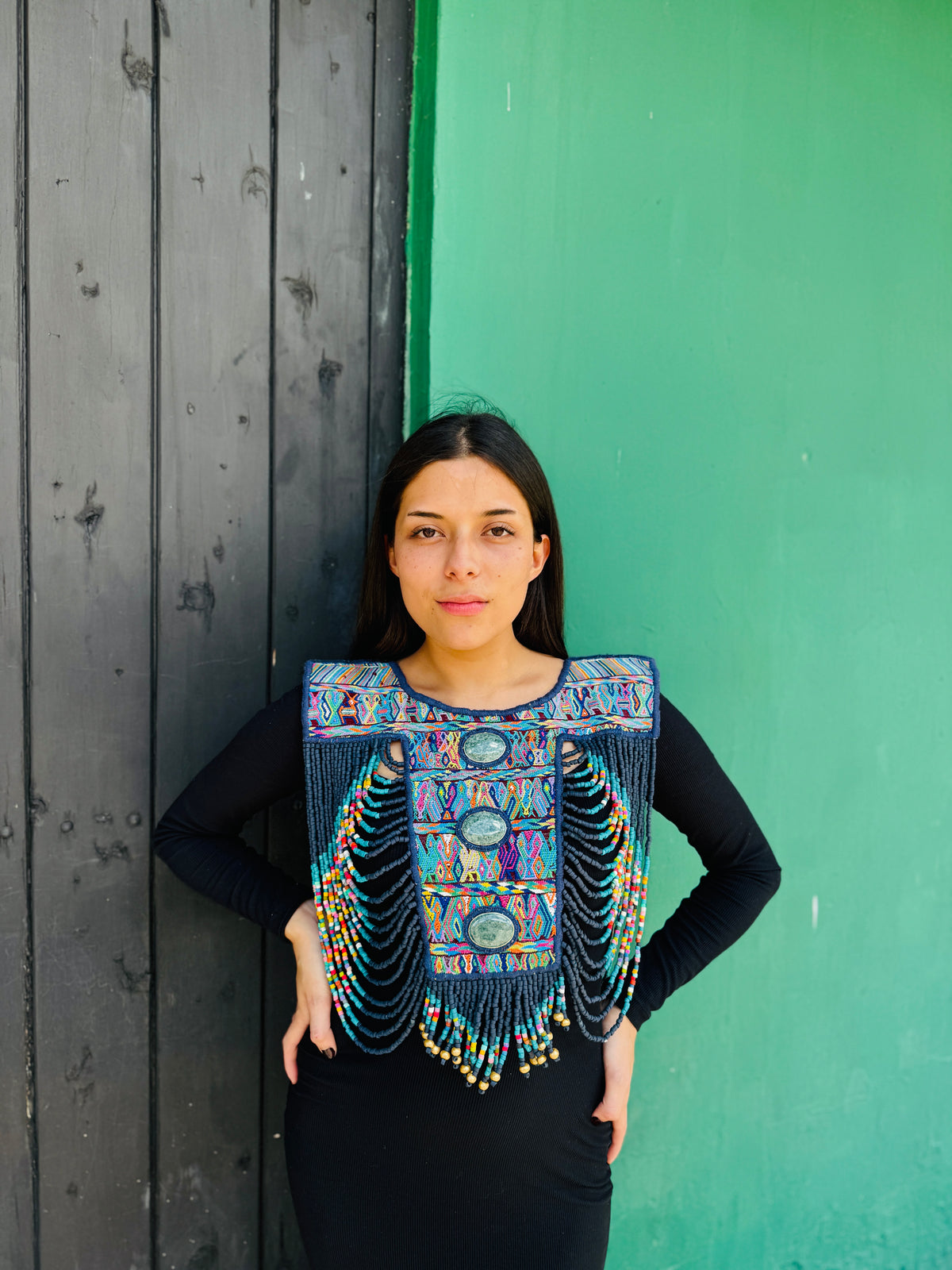 Beaded Tabard Poncho with Traditional Textile & Jade - Noche de Colores