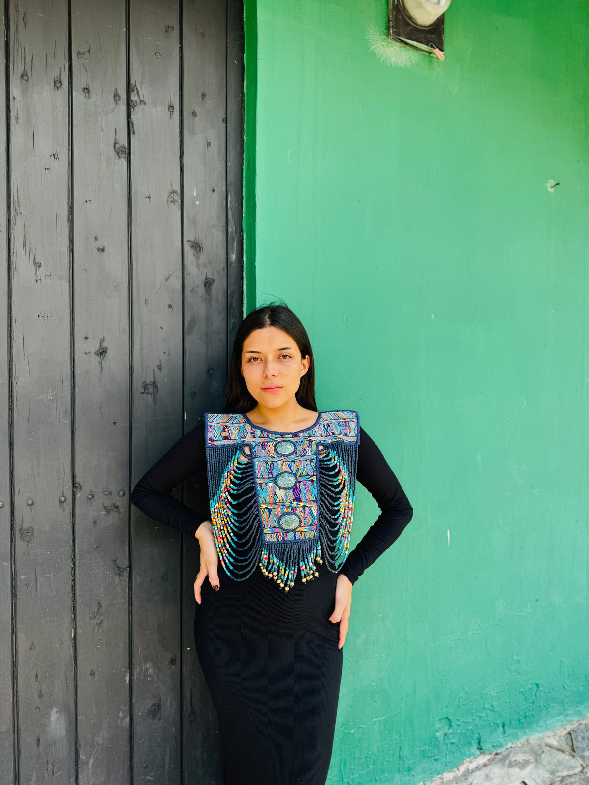 Beaded Tabard Poncho with Traditional Textile & Jade - Noche de Colores