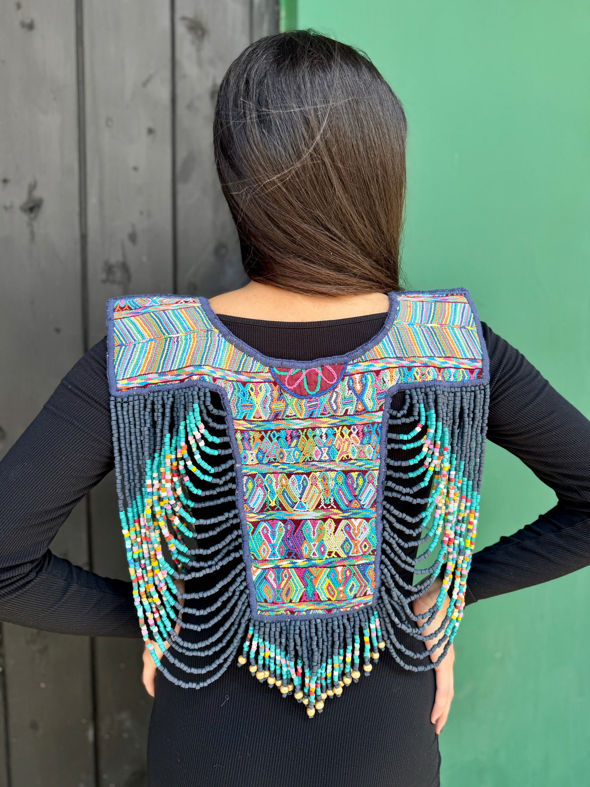 Beaded Tabard Poncho with Traditional Textile & Jade - Noche de Colores