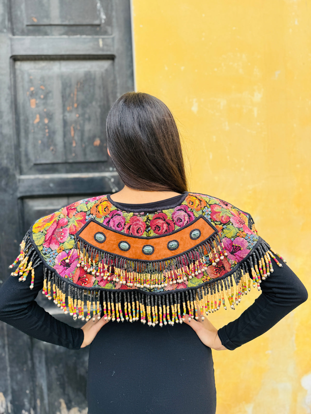 Ceremonial Cape with Jade & Vintage Floral Huipil - Yohl Ik’nal