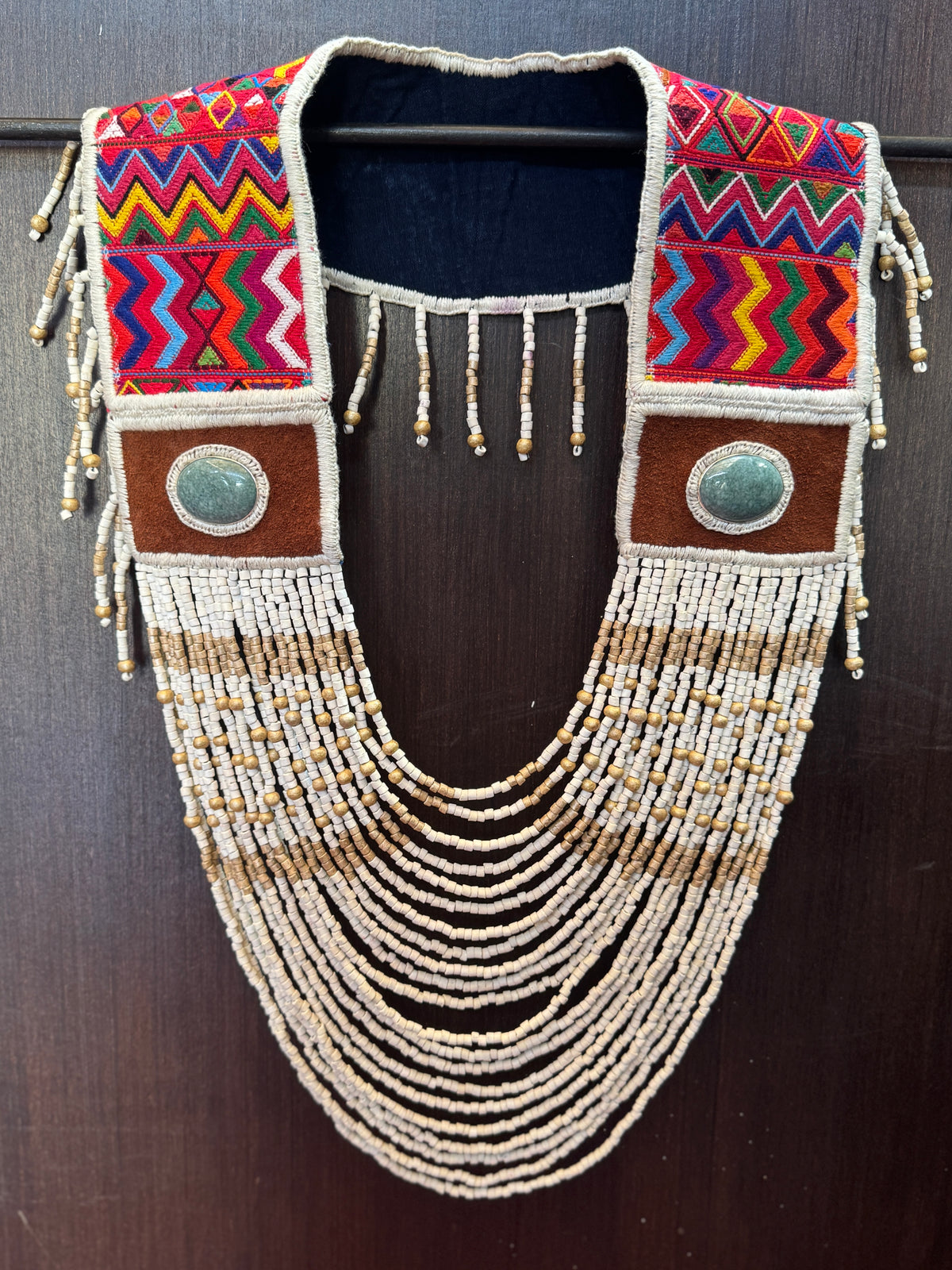 Ceremonial Shoulder Piece with Jade Stones and Ceramic Beads - Sacred Ivory
