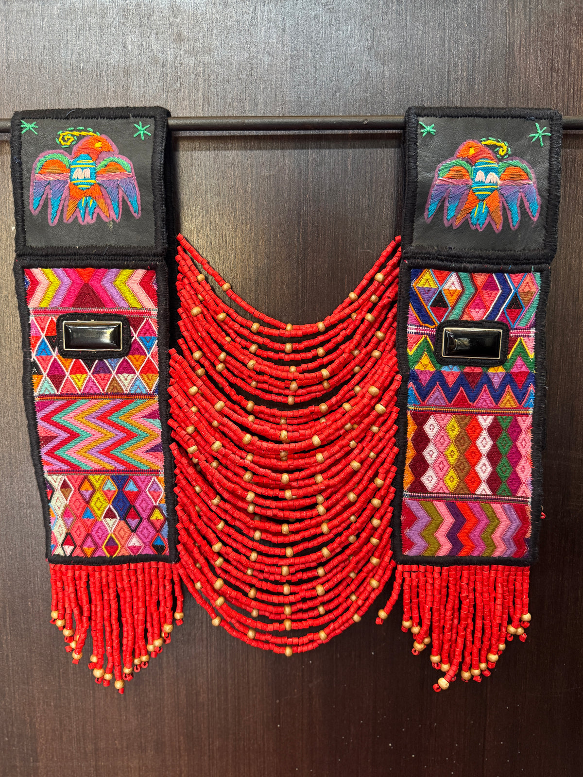 Ceremonial Shoulder Piece with Black Jade and Embroidered Birds - Red Cosmology