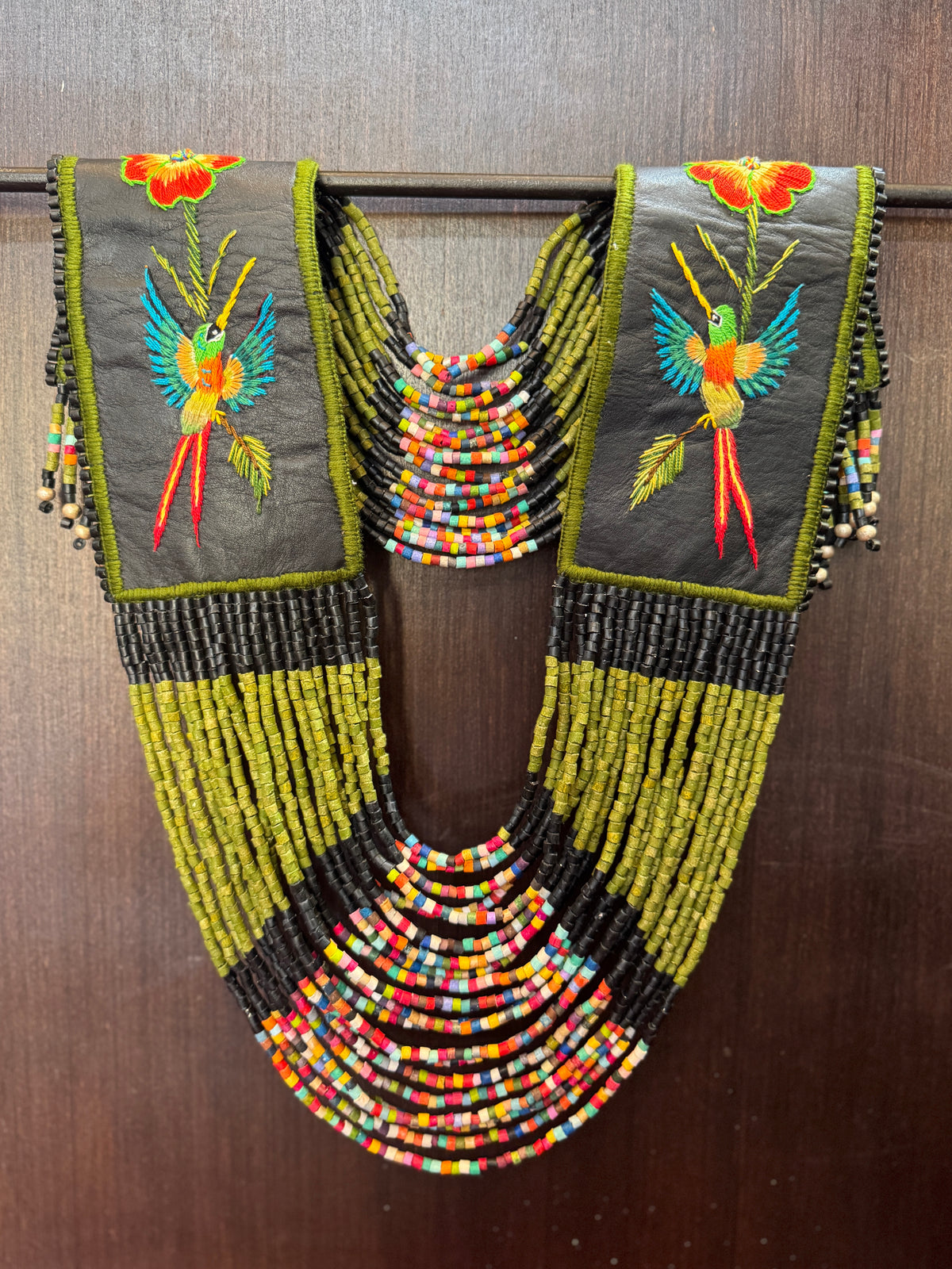 Ceremonial Shoulder Piece with Embroidered Birds and Flowers - Olive Birds