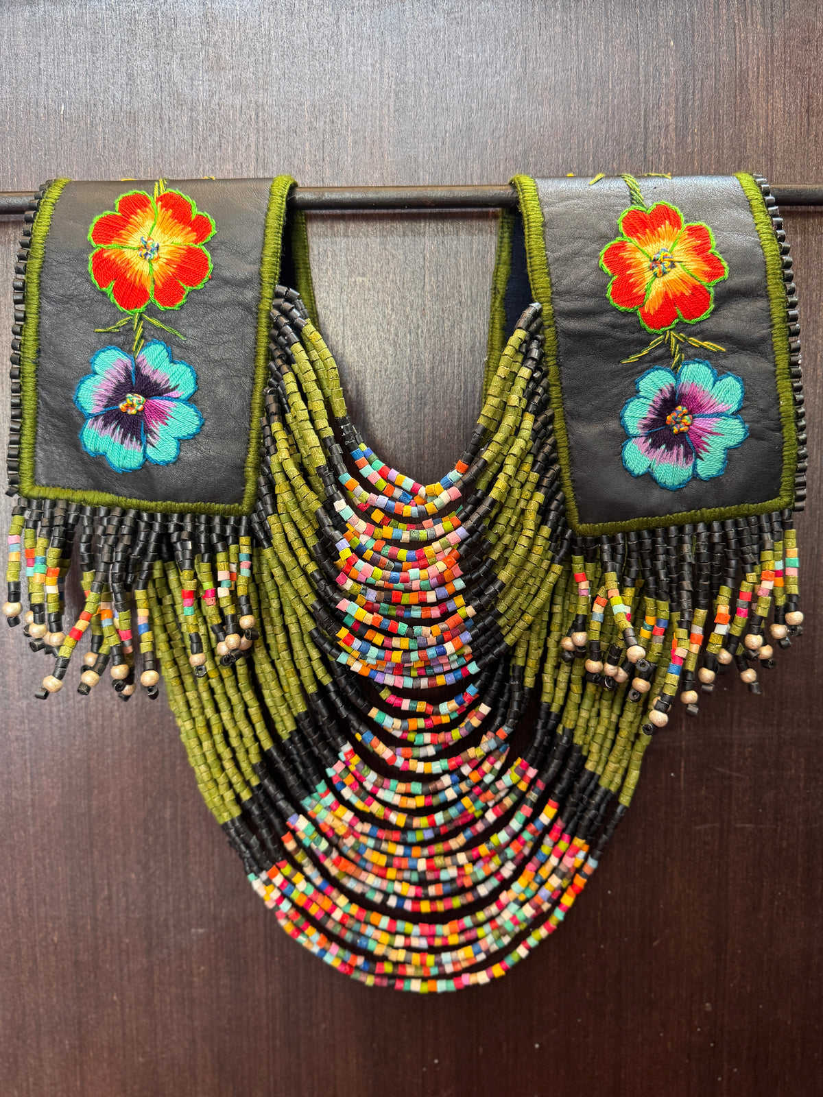 Ceremonial Shoulder Piece with Embroidered Birds and Flowers - Olive Birds
