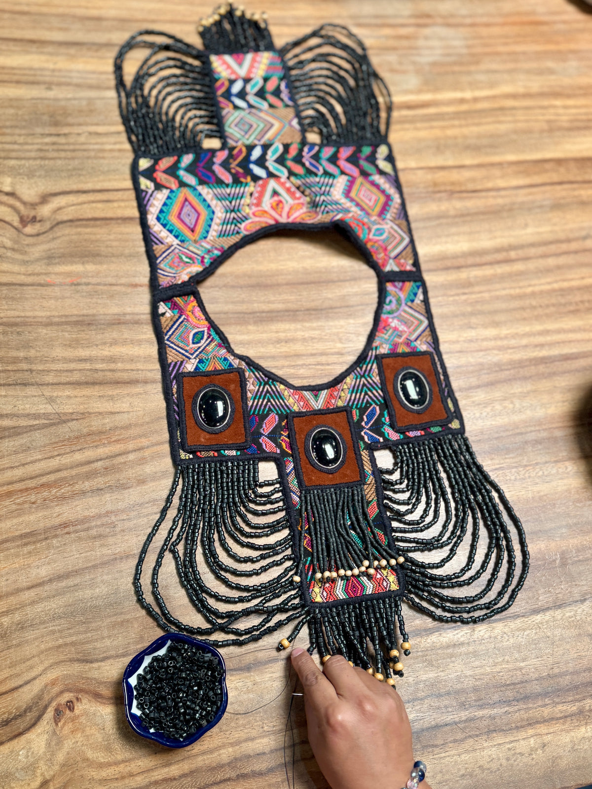 Beaded Tabard Poncho with Traditional Textile & Jade - Universo Nocturno
