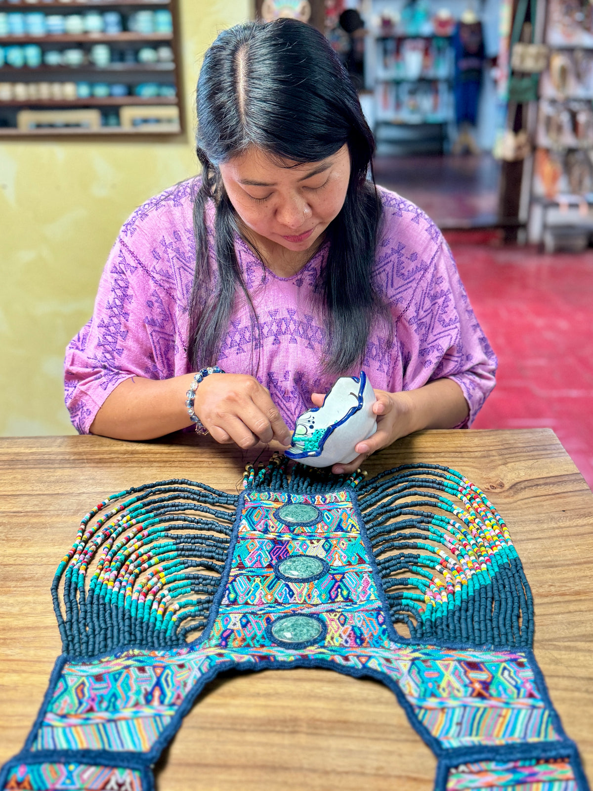 Beaded Tabard Poncho with Traditional Textile & Jade - Noche de Colores