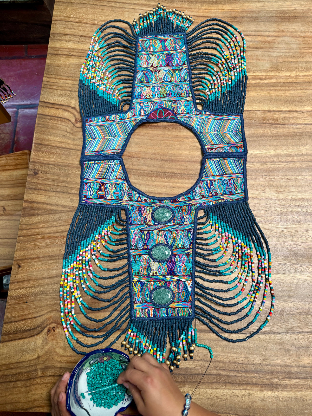 Beaded Tabard Poncho with Traditional Textile & Jade - Noche de Colores