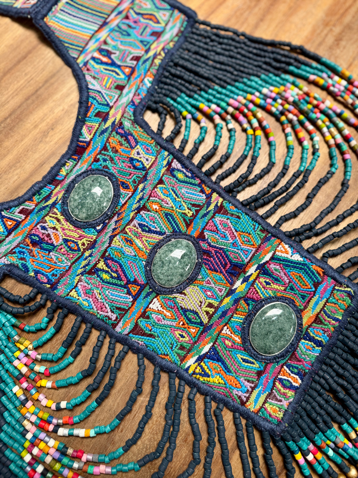 Beaded Tabard Poncho with Traditional Textile & Jade - Noche de Colores