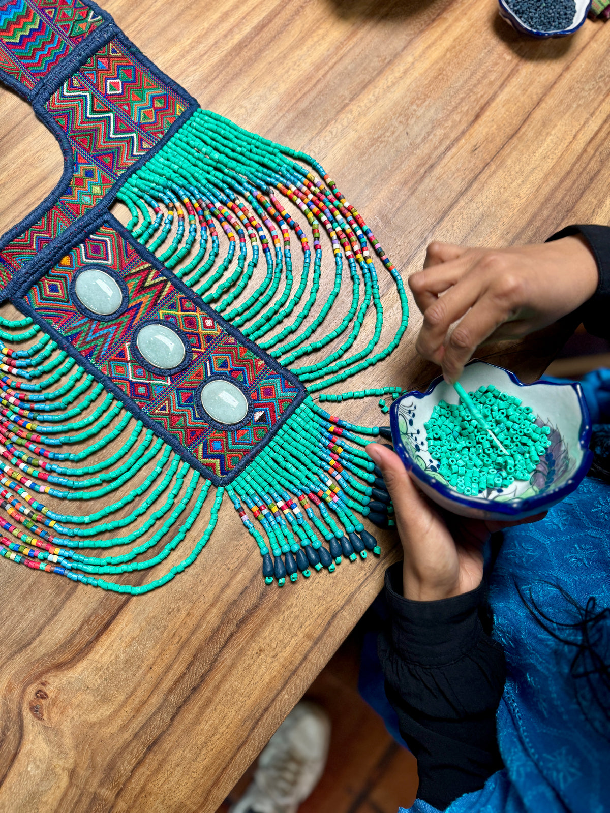 Beaded Tabard Poncho with Traditional Textile & Lilac Jade - Via Turquesa