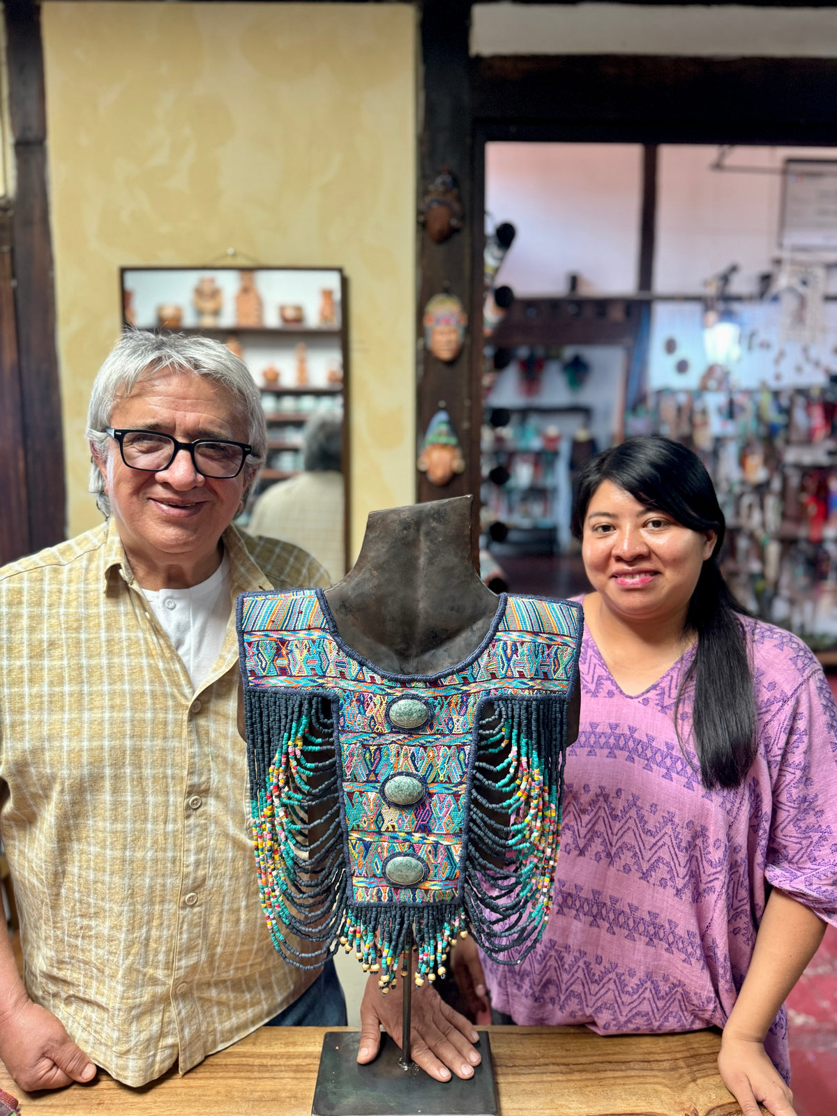 Beaded Tabard Poncho with Traditional Textile & Jade - Noche de Colores