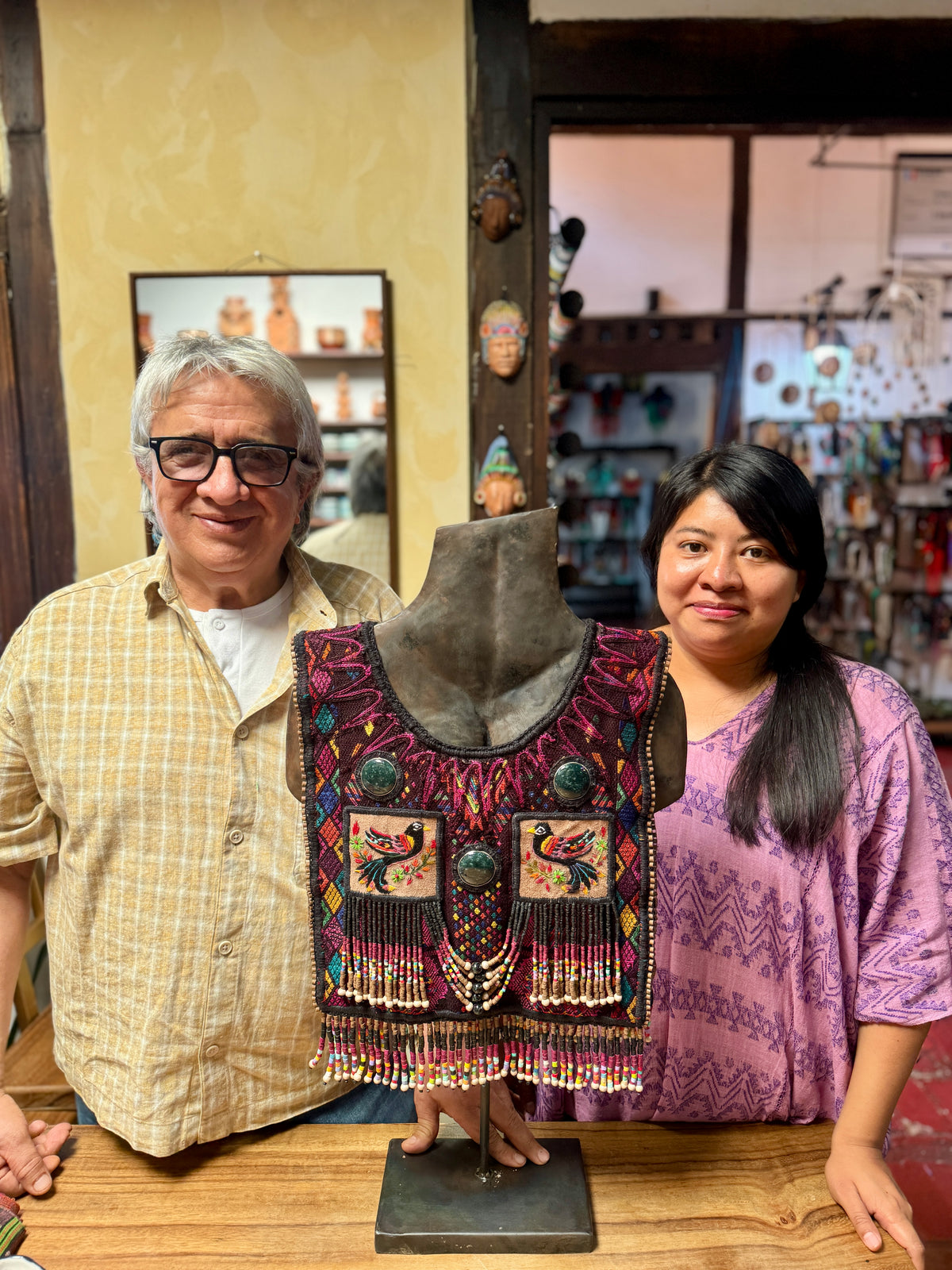 Ceremonial Poncho with Jade & Vintage Huipil - Alas del Cosmos