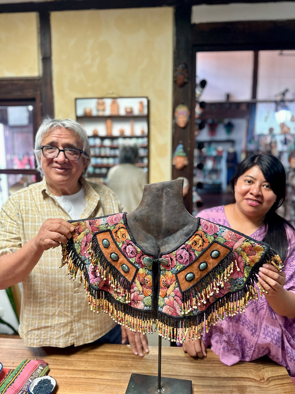 Ceremonial Cape with Jade & Vintage Floral Huipil - Yohl Ik’nal