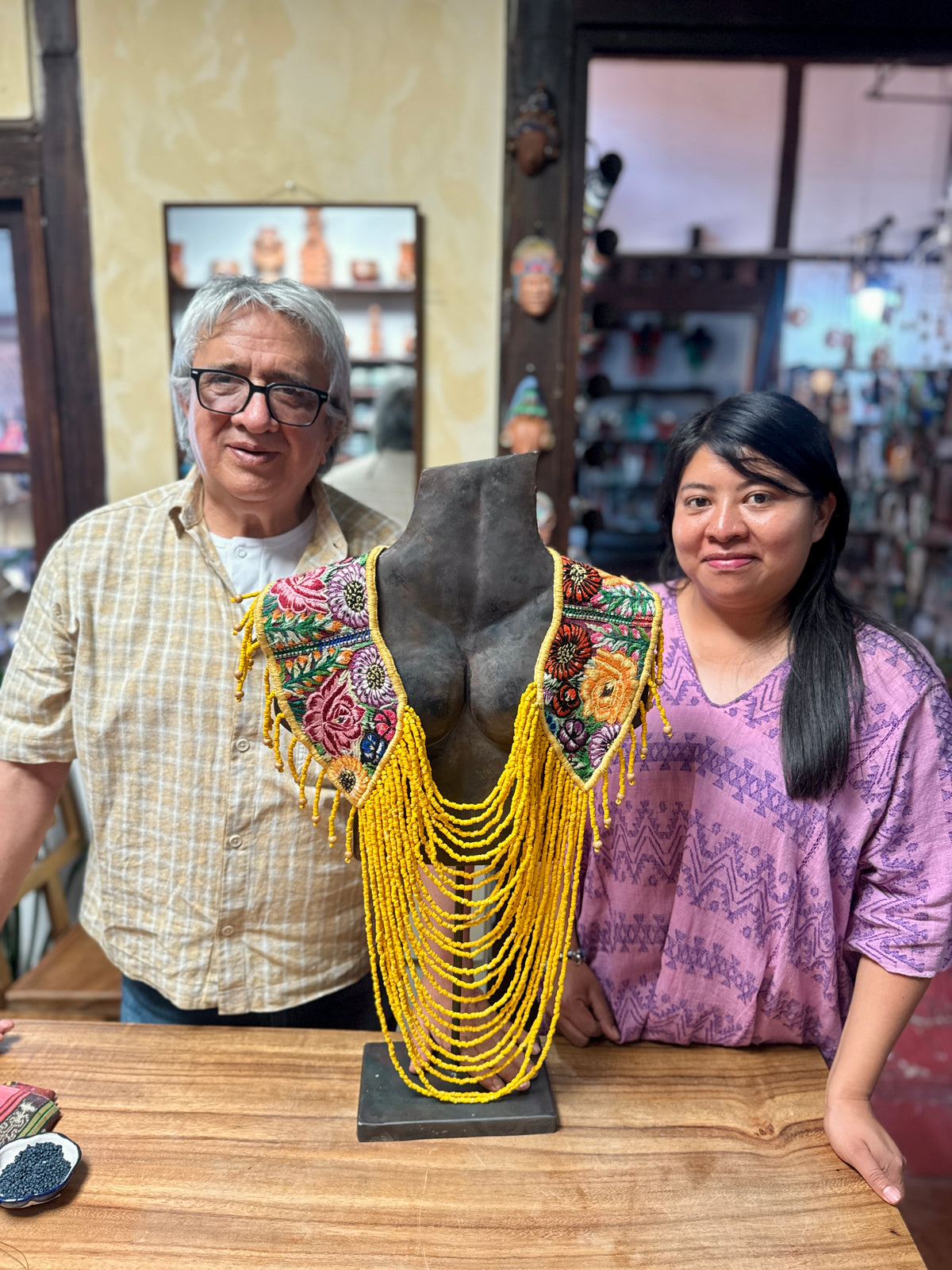 Shoulder Cape with Draped Beads - Huipil Capa Flores de Oro