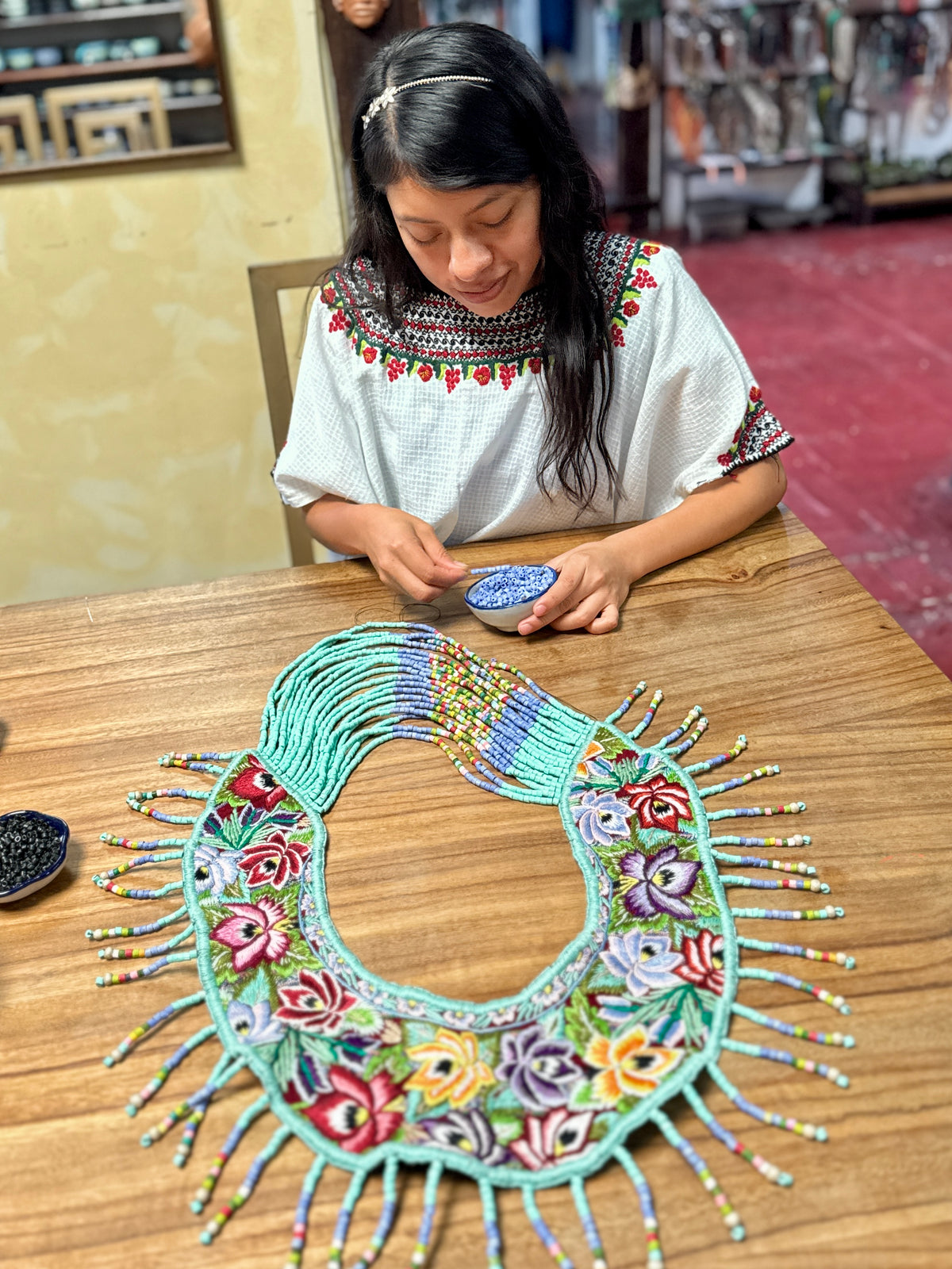Shoulder Cape with Draped Beads - Huipil Capa Jardin de Lavanda