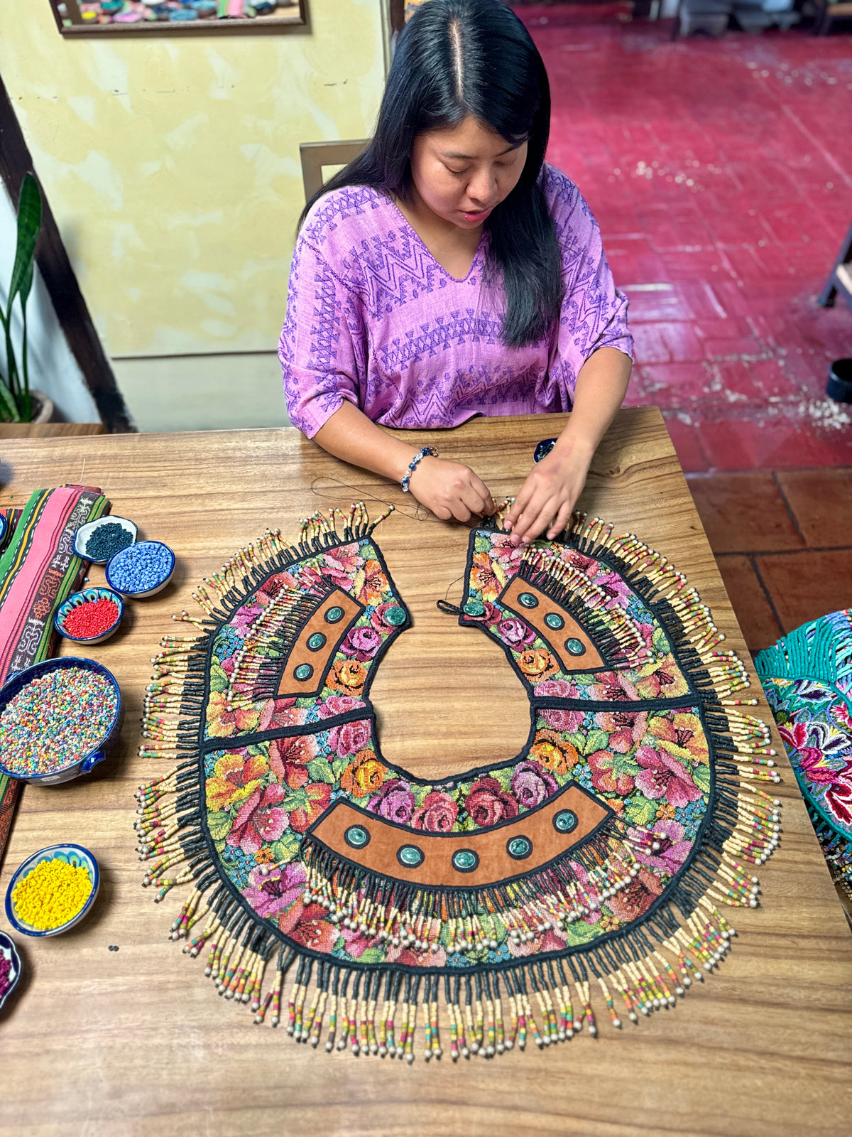 Ceremonial Cape with Jade & Vintage Floral Huipil - Yohl Ik’nal