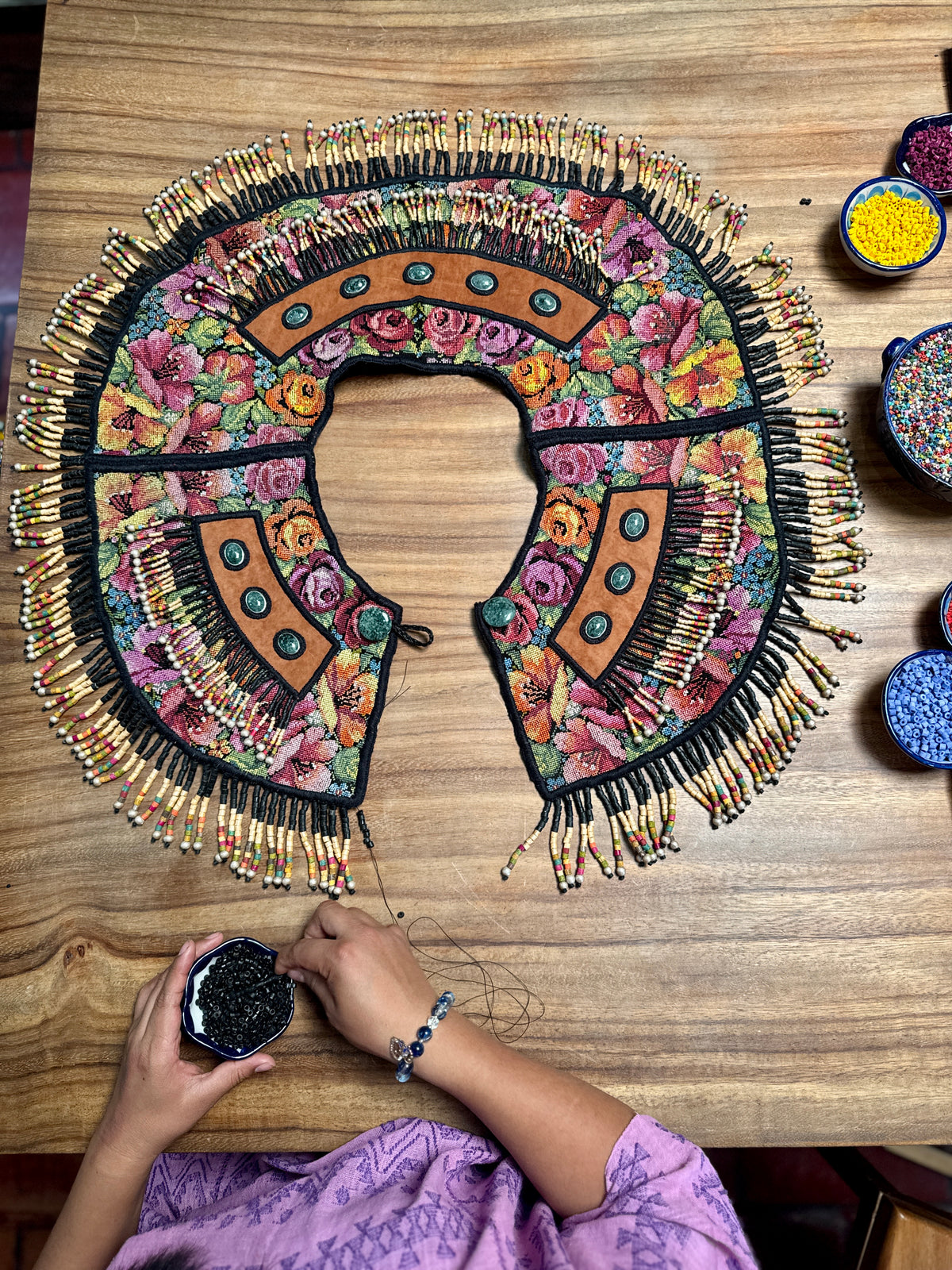 Ceremonial Cape with Jade & Vintage Floral Huipil - Yohl Ik’nal