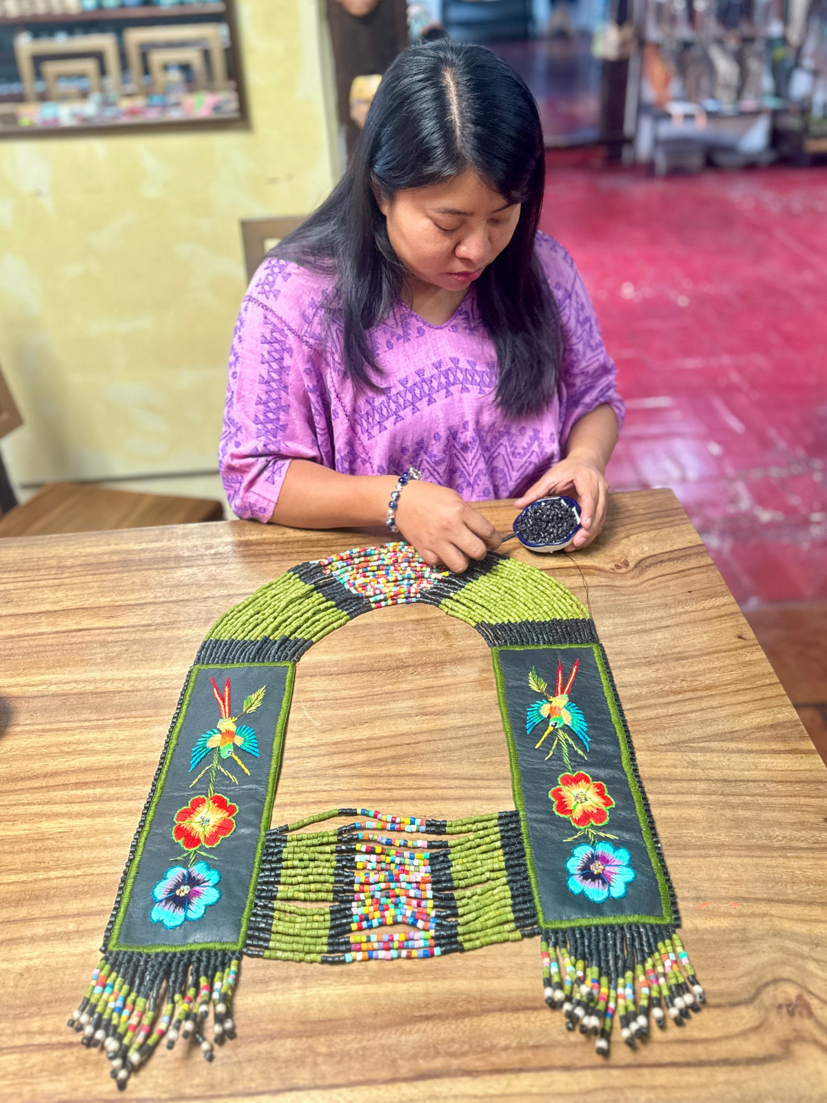 Ceremonial Shoulder Piece with Embroidered Birds and Flowers - Olive Birds