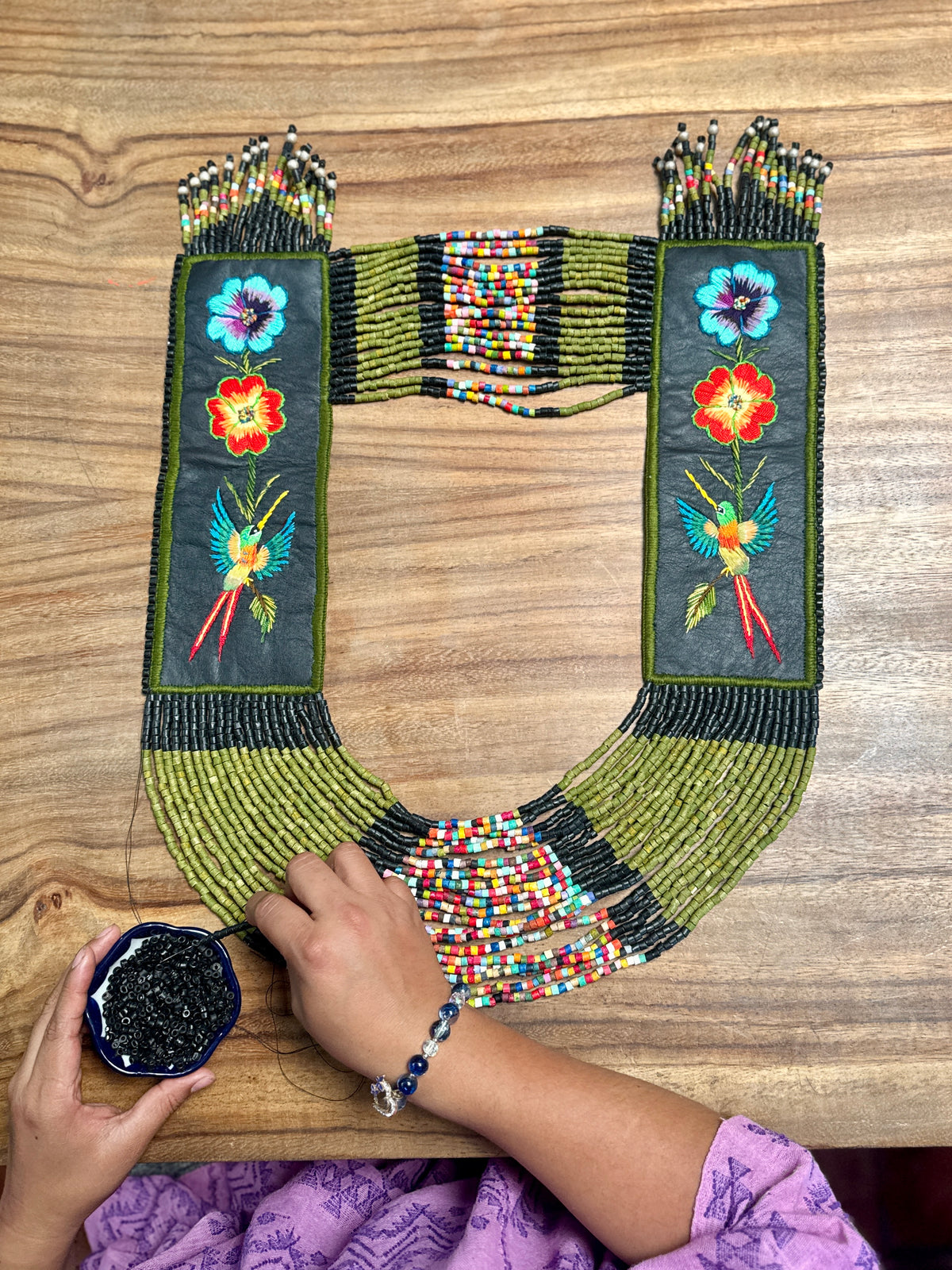 Ceremonial Shoulder Piece with Embroidered Birds and Flowers - Olive Birds