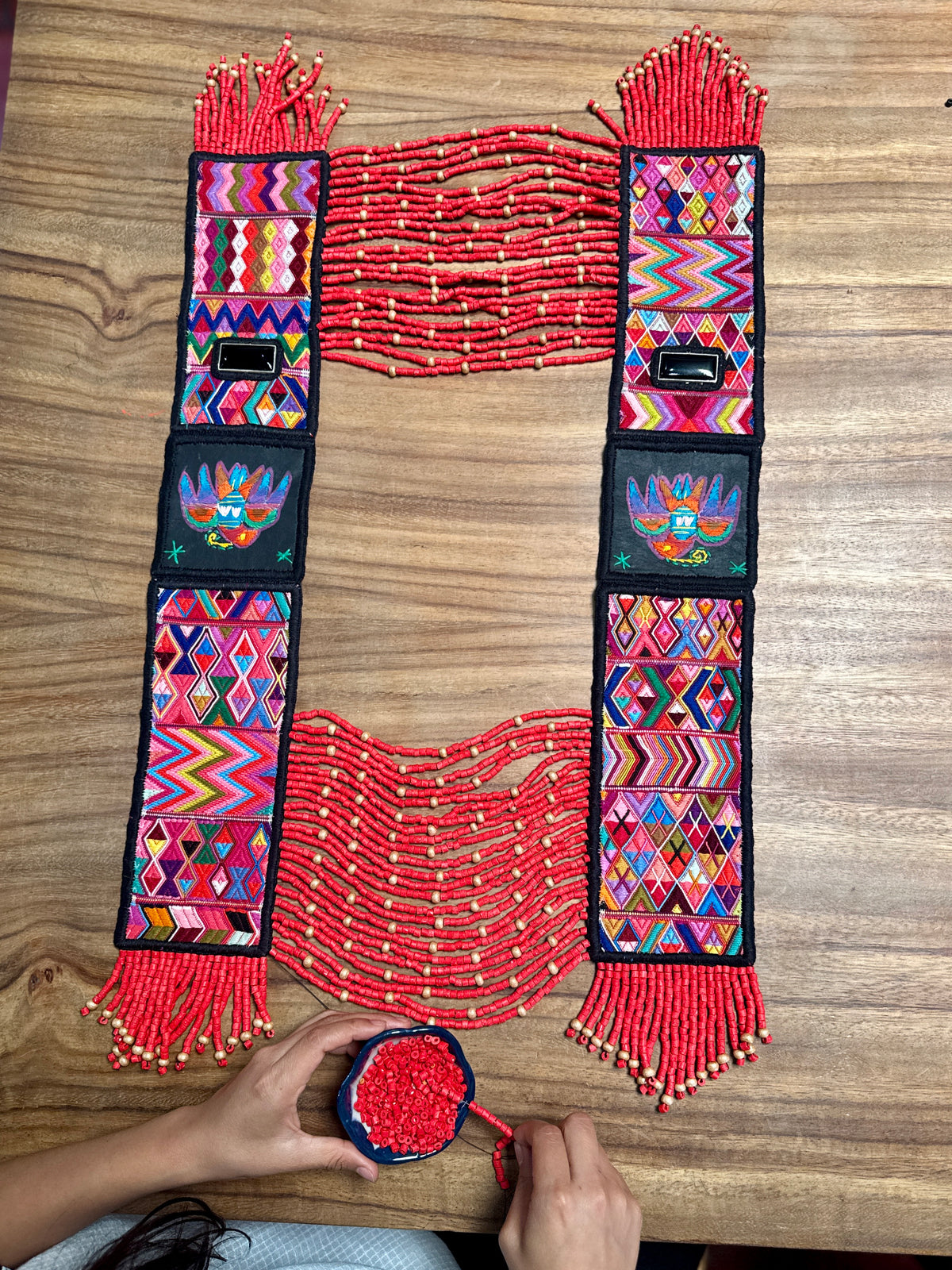 Ceremonial Shoulder Piece with Black Jade and Embroidered Birds - Red Cosmology