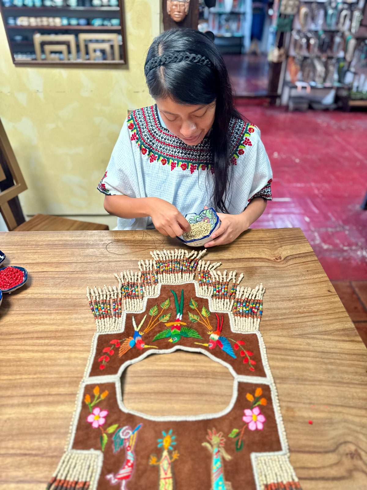 Embroidered Ceremonial Poncho Wearable Art from Santiago Atitlán - Vuelo de Quetzal
