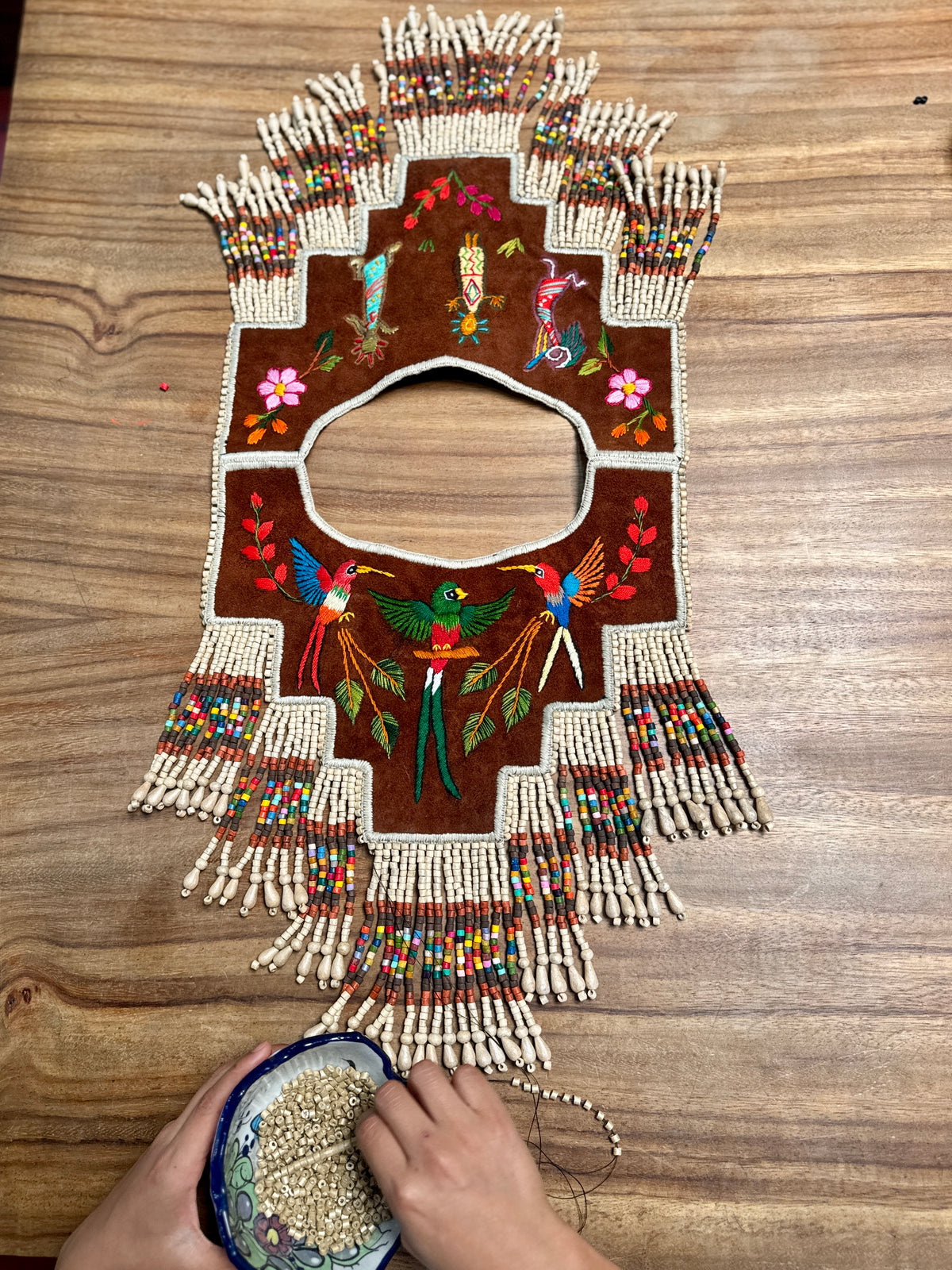 Embroidered Ceremonial Poncho Wearable Art from Santiago Atitlán - Vuelo de Quetzal