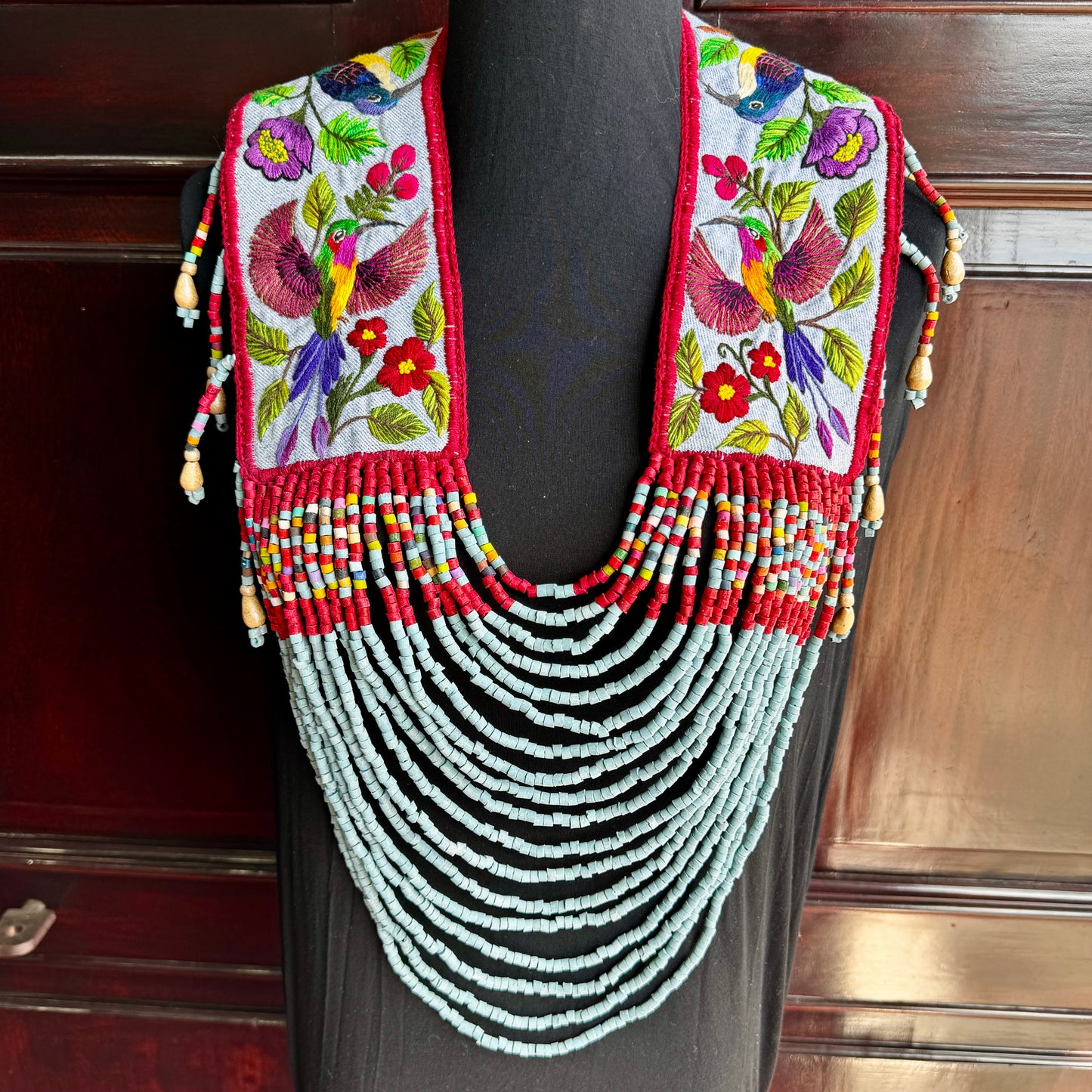 Ceremonial Shoulder Piece with Hand-Embroidered Birds - Stone Blue & Velvet
