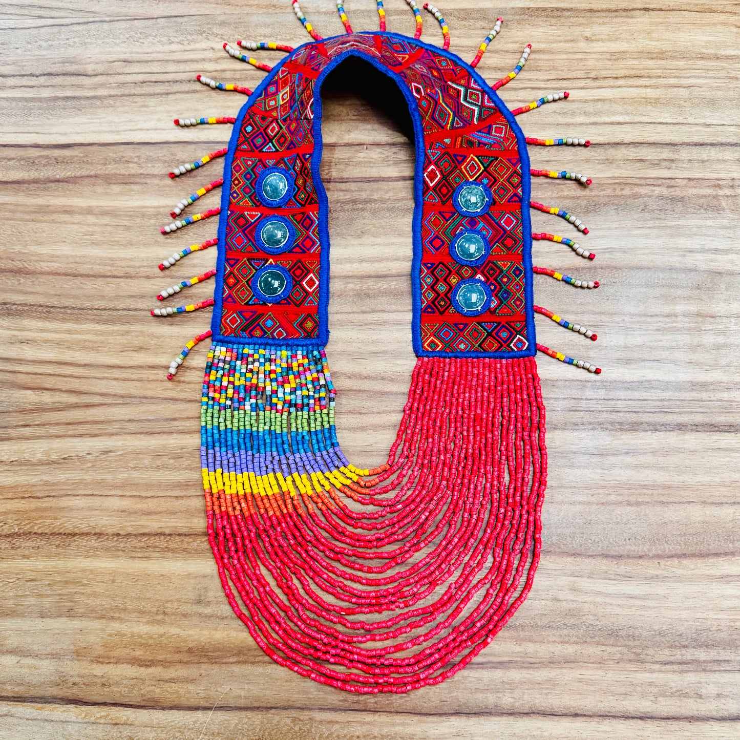 Ceremonial Shoulder Piece with Jade Stones and Beaded Chains - Red Rainbow