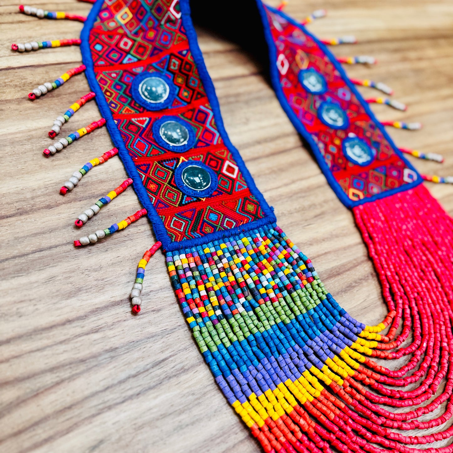 Ceremonial Shoulder Piece with Jade Stones and Beaded Chains - Red Rainbow
