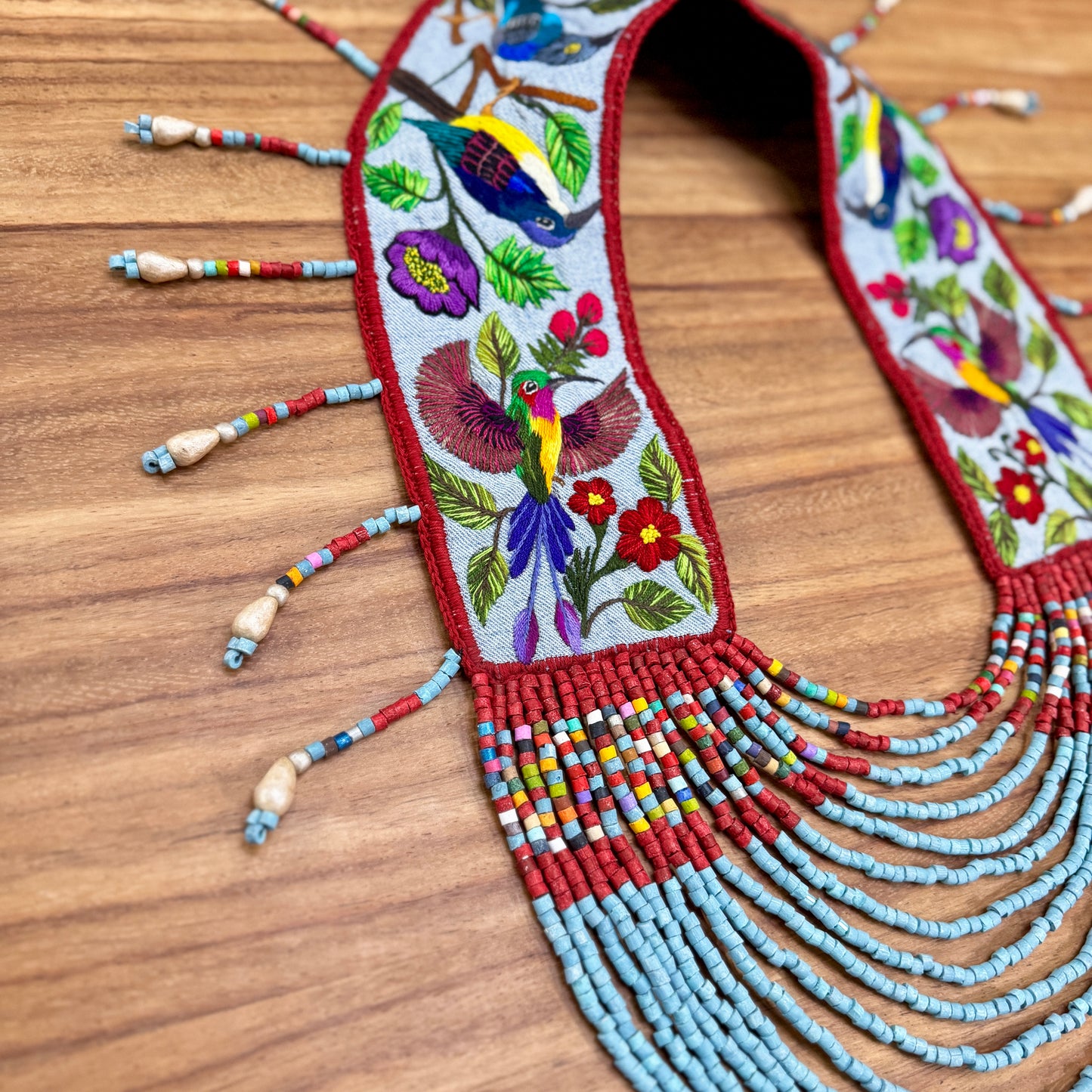 Ceremonial Shoulder Piece with Hand-Embroidered Birds - Stone Blue & Velvet