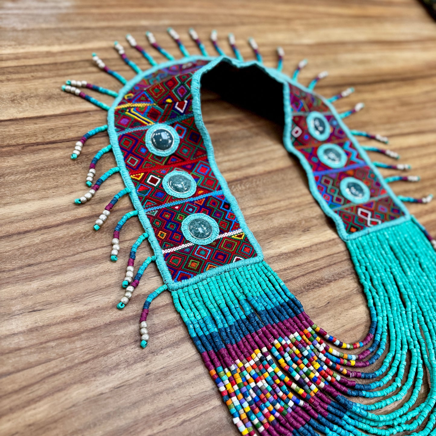 Ceremonial Shoulder Piece with Jade Stones and Beaded Chains - Turquesa