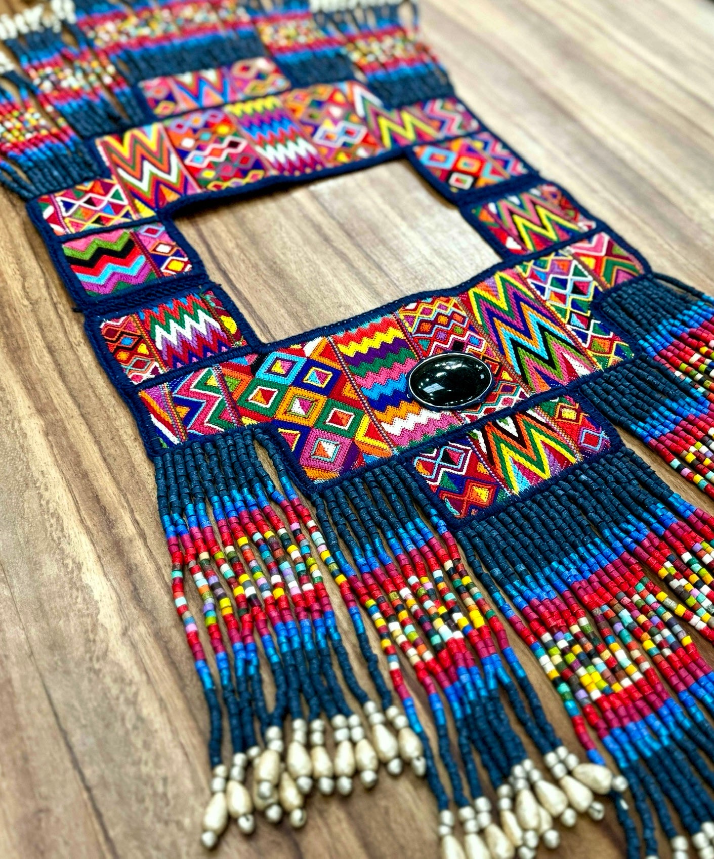 One-of-a-kind, Handmade Poncho with Authentic Guatemalan Jade & Rare Aguacatán Mayan Textile - Celestial Tapestry