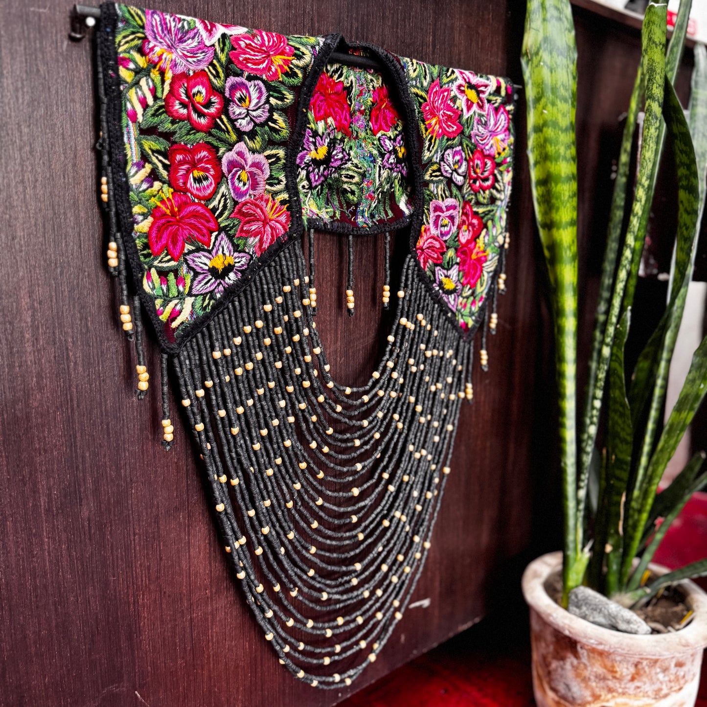 Shoulder Cape with Beads - Huipil Capa, Midnight Bloom