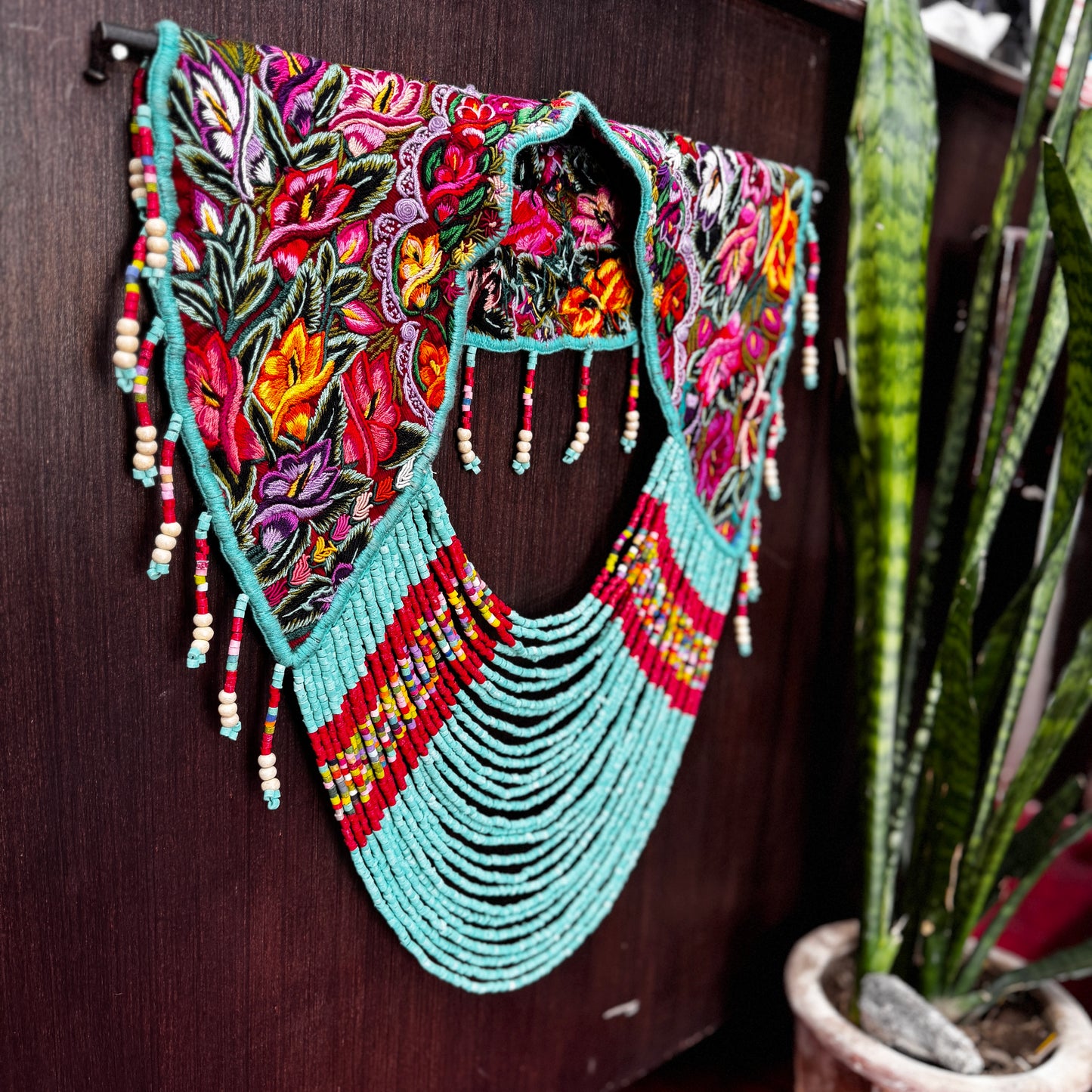 Shoulder Cape with Beads - Huipil Capa, Turquoise Ember