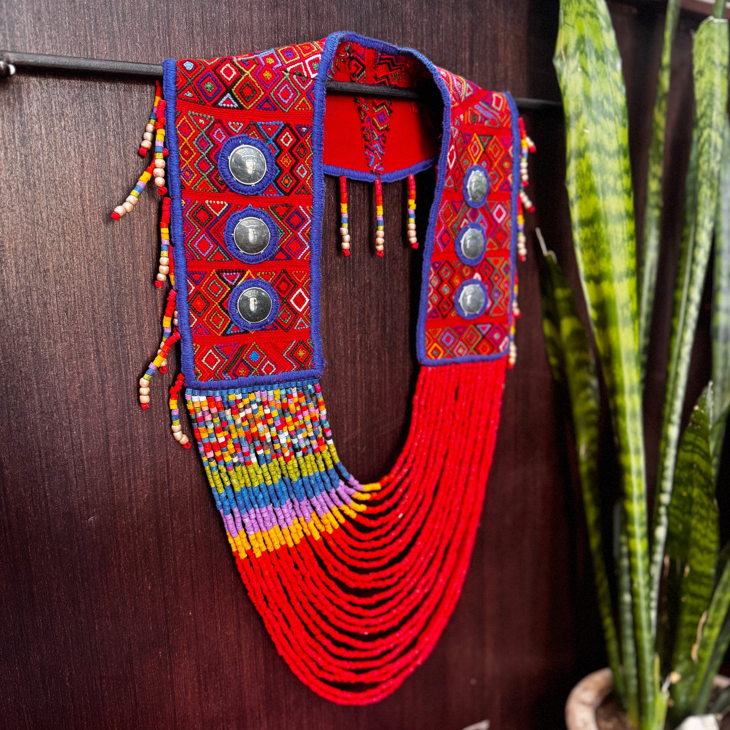 Ceremonial Shoulder Piece with Jade Stones and Beaded Chains - Red Rainbow