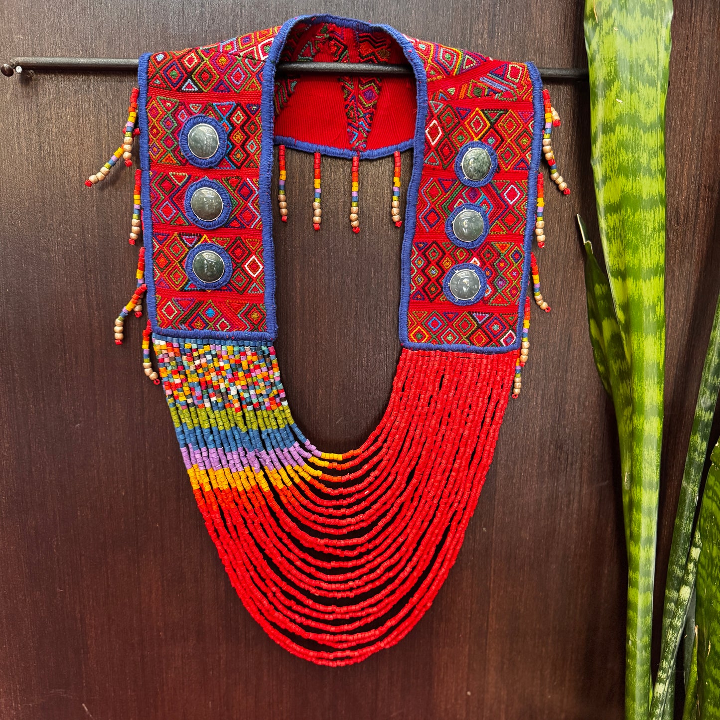 Ceremonial Shoulder Piece with Jade Stones and Beaded Chains - Red Rainbow