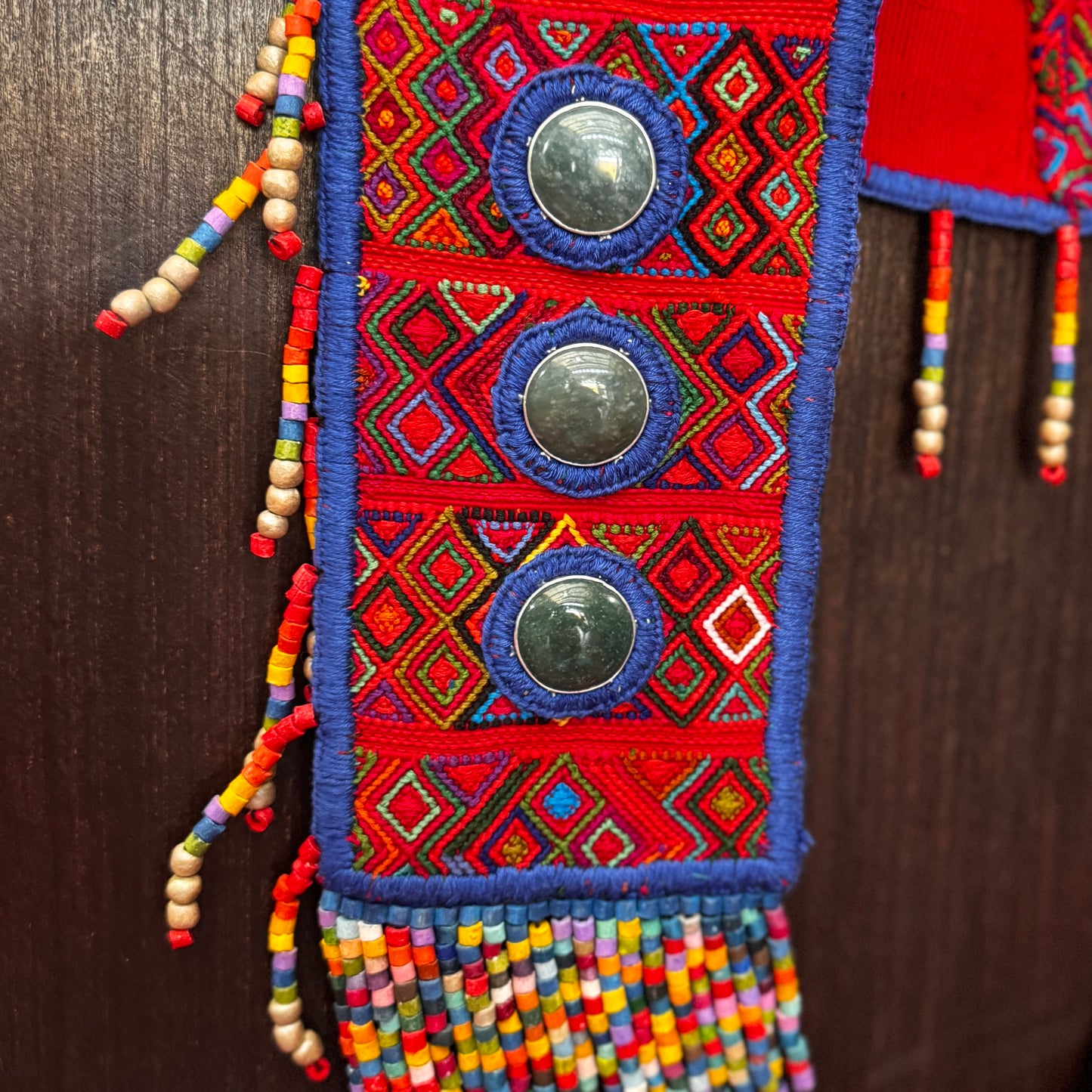 Ceremonial Shoulder Piece with Jade Stones and Beaded Chains - Red Rainbow