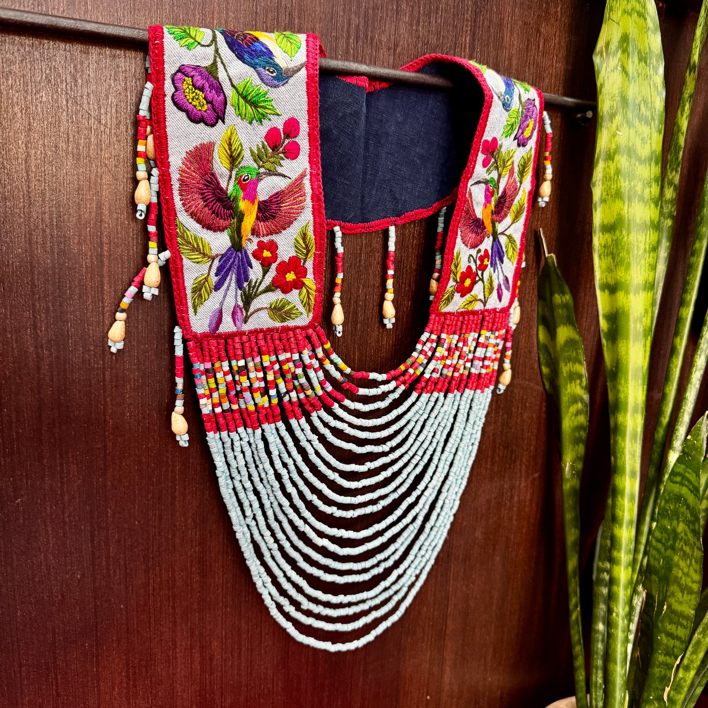 Ceremonial Shoulder Piece with Hand-Embroidered Birds - Stone Blue & Velvet